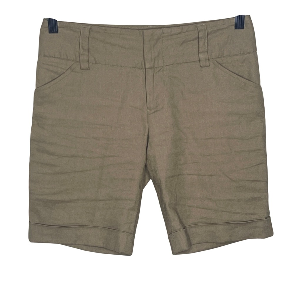 Alice + Olivia Linen Blend Khaki Tailored Bermuda Shorts Cuffed Hem Neutral Chic